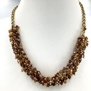 Vintage Gold Tone Necklace 21" Amber Tone Crystal Beaded Cluster Adjustable